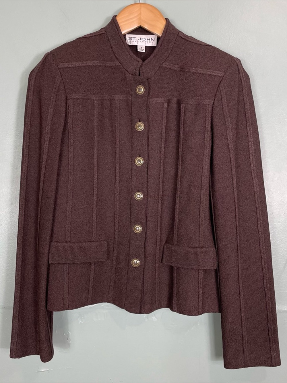 St. John Collection Jacket Blazer Women Size 4 Brown Wool Blend Button Closure